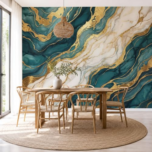 Carta Da Parati Fotomurale Xxl Marmo Fluido Con Lamina D'Oro 200X140Cm, Poster Murale Fotografica 3D In Tessuto Non Tessuto Onde Astratte Di Grande Per Tv Corridoio Soggiorno, Oro Verde