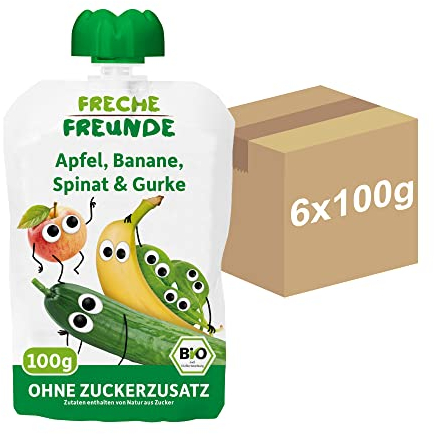FRECHE FREUNDE Bio Quetschie Apfel, Banane, Spinat & Gurke, Fruchtmus mit Gemüse im Quetschbeutel für Babys ab dem 6. Monat, vegan, 6er Pack (6 x 100g)