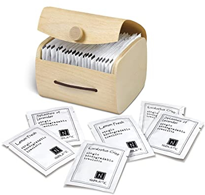 Moist Towelettes Scented Variety Pack Single Use by Nabila K - Alcohol-Free, Plant-Based with Natural Ingredients - Individually Wrapped Disposable Travel Size Wipes with Bamboo Case - 20 Count