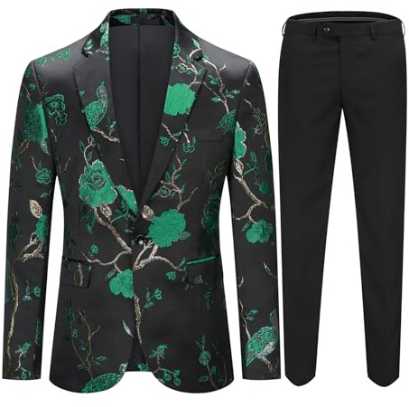 Cloudstyle Mens 2 Piece Floral Dress Suit One Button Dinner Tuxedo Jacket & Pants Green
