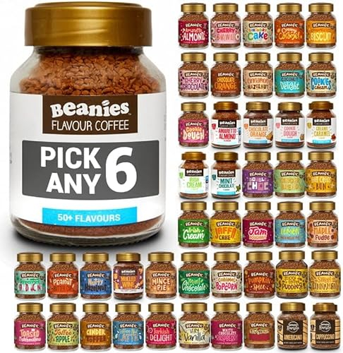 Beanies Flavoured Instant Coffee Pick Any 6 Jars (50g) from 38+ Blends Inc. Chai Latte, Nutty Hazelnut, Mocha, Creamy Caramel, Amaretto Almond, double chocolate, mince pie
