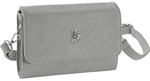 dressforfun Dirndl Tasche, Handtasche Damen mittelgroß, Trachten Mode, Trachtentasche Wildlederoptik, Edelweiß, Damen Tasche, Umhängetasche, Oktoberfest Accessoires, Damen-Schultertaschen - grau