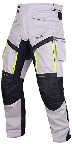 HWK Waterproof Motorcycle Cargo Pants, Durable Motorcycle Riding Pants with CE Armor and Multiple Pockets, Machine Washable Hi-Vis Polyester Moto Gear for Men - Silver, Waist 34-36, Inseam 34