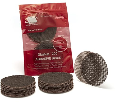 GLASS POLISH GlasNet200 14304 Lot de 20 disques abrasifs professionnels pour verre, carbure de silicium avec crochet et boucle Ø 75 mm