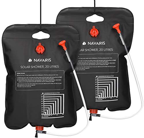Navaris Solar Shower Bag 20L - 2x Solar Heating Camping Shower Bag with Shower Head, Hose, Tap Head - For Ideal Travelling, Hiking, Backpacking