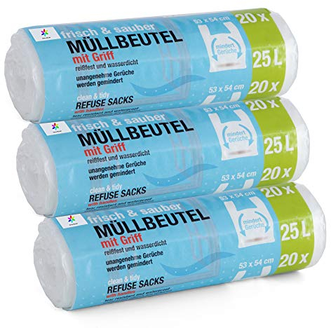 60 Stück Müllbeutel Premiumline: 25 Liter, 3er Pack, Größe: 53 x 54 cm - Besonders reißfest und wasserdicht - Mit Trage-Griff/Henkel