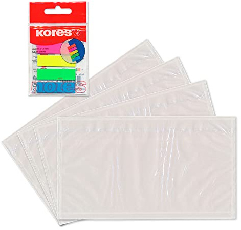 WPTrading - 1.000 x Lieferscheintaschen 225 x 120 mm in DIN-LANG Transparent inkl. 125 Page-Marker in 5 Farben - Dokumenten-Taschen selbstklebend, blanko - Begleitpapiertaschen für Versand