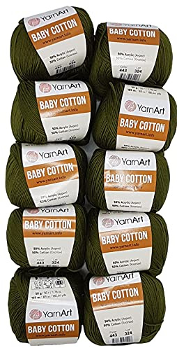 10 x 50g Strickwolle YarnArt Baby Cotton mit 50% Baumwolle, 500 Gramm Wolle einfarbig (grün 443)