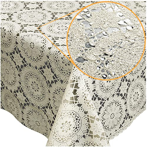 Tischdecke abwaschbar Wachstuch Lace Vinyl Häkel Spitze Optik 100 x 138cm Kreise Creme abwischbar