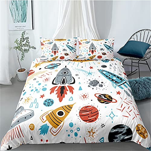Mateju Funda Nordica Cama 90/135/150 con Patrón de Cohete, Microfibra Suave Fundas Edredón y Funda de Almohada con Cremallera, Juego de Fundas Nórdicas 2/3 Piezas (Astronave,150x210cm)