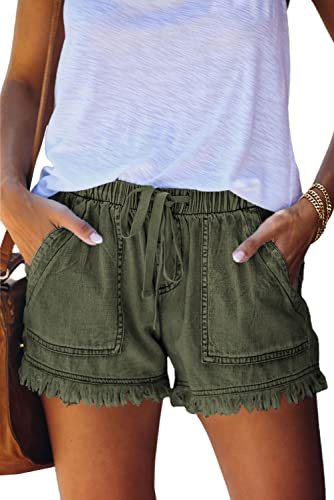 HVEPUO Ladies Elasticated Waist Jean Shorts UK Casual Summer Mid Waist 3.5 Inch Inseam Denim Hot Pants Shorts with Pockets for Women Size 16