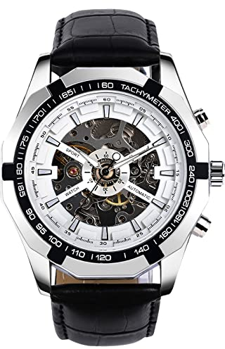 rorios Herrenuhren Automatische Mechanische Armbanduhr Leuchtende Uhr mit Leder Armband Skelett Militär Uhr