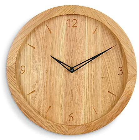 Natuhr Massivholz Wanduhr Bold Classic - große 30 cm Holzuhr rustikal Eiche geölt (Funk-Uhrwerk/Schwarze Zeiger)