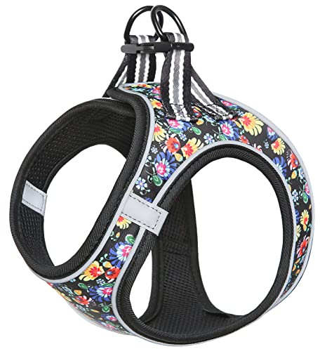 HEELE Geschirr Hund Klein Weich Hunde Geschirr Air Mesh Verstellbar Sicher Kontrolle Welpengeschirr Weste Hunde Brustgeschirr für Gehen, Laufen, Training, Reflektierend, Blume Schwarz, XS