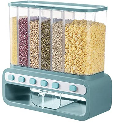 Contenedor de granos sellado montado en la pared, caja de almacenamiento de medición automática, dispensador de alimentos secos de múltiples compartimentos, para cereales, soja, harina, blanco (verd