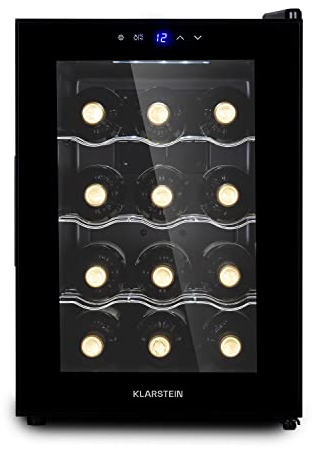 Klarstein Vinoteca 12 Botellas, Nevera Vinos de Una Zona, Nevera Expositora Vino y Cerveza, Vinoteca Pequeña Interior y Exterior con Puerta de Cristal, Nevera Vino Protección UV, Panel Táctil, 5-18°C