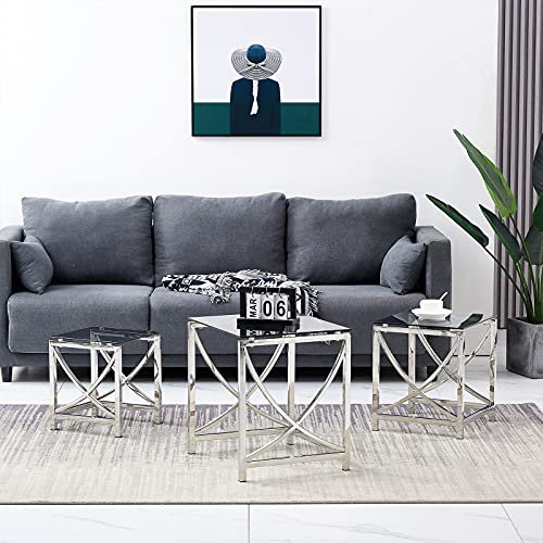 AINPECCA Satztisch 3er Set Couchtisch Beistelltisch aus Edelstahlgestell und Hartglas für Wohnzimmer modernes Design Sofatisch (silbern A, schwarzes Glas)
