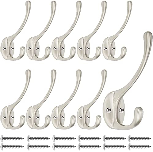 QMAHA 10Pcs Coat Hooks, Heavy Duty Metal Clothes Anti-Rust Wall Mounted Hat Hook, Dual Prong Robe Coats Towel Keys Hooks for Bedroom Entryway Wood Rail with Screws Included, Silver (QM-YGG-10P)