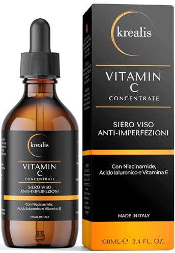 KREALIS •100ml• Siero Vitamina C Viso Acido Ialuronico con Niacinamide, Vitamina E, Aloe Bio, Antimacchia, Anti Imperfezioni, Siero Viso Contorno Occhi Antirughe E Occhiaie