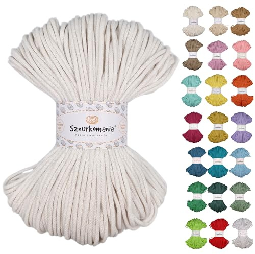 Sznurkomania, Geflochtene Baumwollkordel 3mm 100m, 46 Farben, Häkelkordel, Makramee Kordel, Makramee Garn, Premium Garn, Makramee Seil, (Weiss)