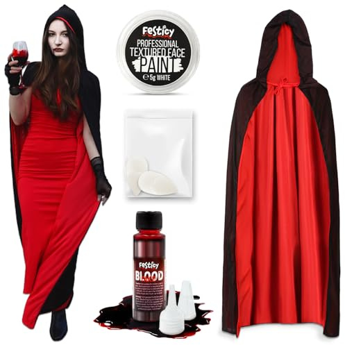 Festicy Vampir Umhang & Schminke Set I Halloween Kostüm Damen sowie Halloween Kostüm Kinder mit Vampirzähnen, Weißer Theaterschminke & 25ml Fake Blut I Ideal für Vampir Kostüm Halloween