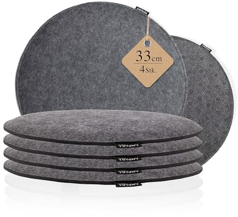 Ampara - 4er Set Stuhlkissen rund 33 cm - rutschfest & Gemütlich - Sitzkissen Filz rund, Grau| für Stuhl, Bank, Hocker etc. (Hellgrau)