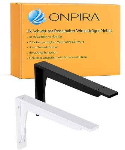 Onpira® 2x Schwerlast Regalhalter Winkelträger Metall 10 Größen & 2 Farben wählbar – 4mm Materialstärke – bis 200kg belastbar – Wandhalterung Regalwinkel Stahlträger Regal Konsole (Weiß, 440x145mm)