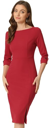 Allegra K Robe Fourreau mi-Longue Fendue à col Bateau et Manches 3/4 pour Femme Costume d'halloween Rouge XS