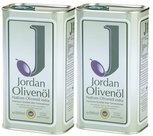 Jordan Olivenöl - Natives Olivenöl Extra von der griechischen Insel Lesbos-traditionelle Handernte -Kaltextraktion am Tag der Ernte -Kanister im traditionellen Retro-Design mit Ausgießer,1l (2er Pack)