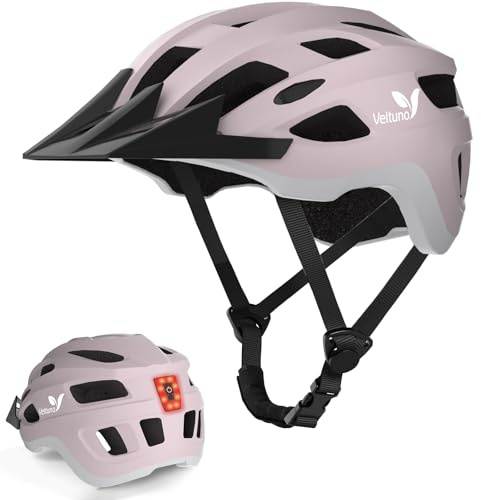 Veltuno Bike Helmet for Adults, Lightweight Mountain Bicycle Helmet with USB Rechargeable LED Rear Light, Removable Sun Visor for Women, Men, Suitable for Cycling and Commuting (Pink, Medium)
