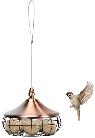SOARS Mangeoire pour Oiseaux à Suspendre, Porte-Boules de Graisse, Mangeoire à Oiseaux avec Fil en Acier Inoxydable et Toit, Silo en métal, 17 X 17 X 14 CM, pour Jardin, Plein Air
