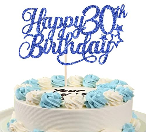 SYKYCTCY 1 Pack Happy 30th Birthday Cake Topper Glitter Little Star Cheers to 30 Cake Pick 30 Fabulous Cake Decorations for 30th Birthday Anniversary Theme Party Supplies Blue