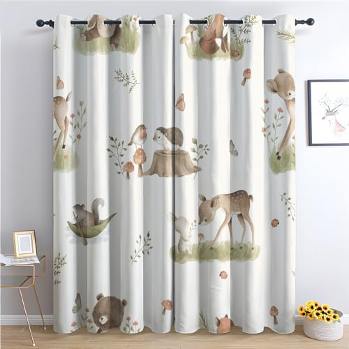 THYUNQ Vorhänge Waldtiere Motiv, Vorhang Blickdicht Verdunklungsvorhänge Thermovorhang mit Ösen, Gardinen Wohnzimmer Schlafzimmer Fenster, 2er Set Curtains, H 220 x B 140 cm