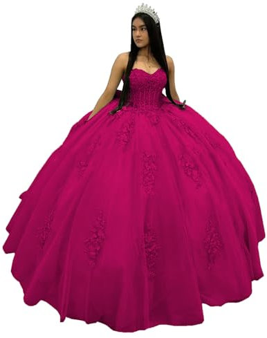 CLcaojun Vestidos de Quinceañera con Apliques de Encaje Vestido de Gala con Hombros Descubiertos de Tul Vestido de Graduación 2024 Dulces Vestidos de 15 16 para Mujeres, fucsia, 52