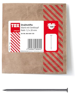 TOX 063600150 Wire Pins Nails 1.2 x 20 mm with Countersunk Head for Easy Wood Connections and Flat Surfaces, Blank Steel, Pack of 100 in Resealable and Environmentally Friendly Paper Packaging