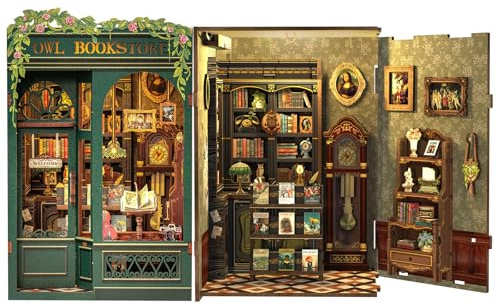 Book Nook Owl Bookstore Bibliothek - Booknook DIY Bausatz mit LED Licht für Bücherregal - 3D Miniatur Geschenk für Weihnachten an Bücherliebhaber, DIY Puppenhaus Häuser