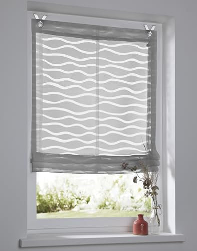 Raffrollo Enya grau mit Ösen Raffgardine Ausbrenner Welle halbtransparent B 60 x H 140 cm