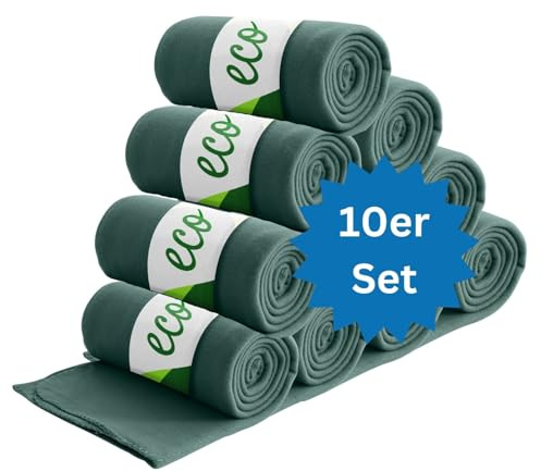 wometo 10er Set ECO Fleecedecke aus 100% recyc Material 130x160 dunkelgrün | OEKO-TEX ca. 400 g - 100% recyceltem Material - mit Anti-Pilling und Kettelrand, im 10er Vorteilspack