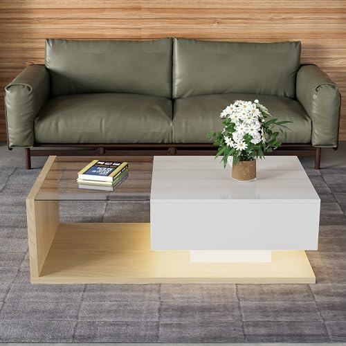 BTM Coffee Table with Storage, High Gloss Coffee Table with Drawer, Tempered Glass and LED Light, White and Wood Color