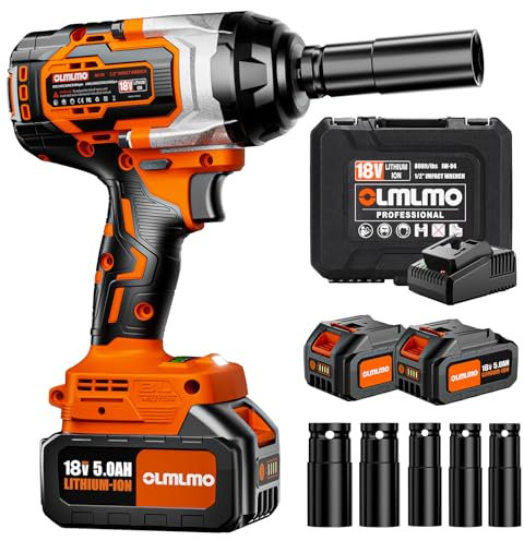 olmlmo 1100Nm/811Ft-lbs Avvitatore A Impulsi a Batteria, Professional 1/2 Elevata Avvitatori a Massa Battente con Batteria 2.*5000mAh, 4 Bussola(17/19/21/22/24mm), Avvitatore Batteria per Auto Casa