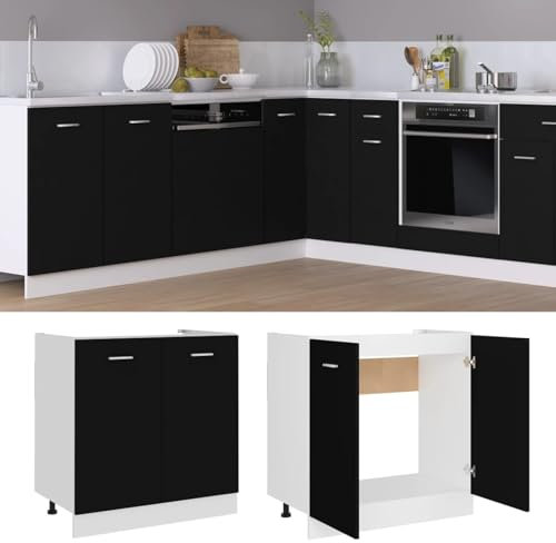 Xichuzi Spülenunterschrank, Spülenschrank, Unterschrank, Küchenunterschränke, Küchenunterschrank, Spülschrank, Schwarz 80x46x81,5 cm Spanplatte