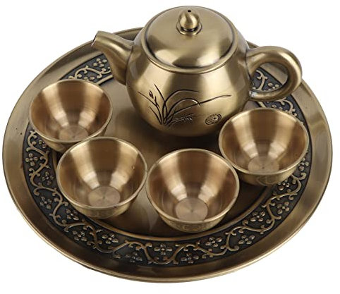 Lybunair Set di teiere con motivo orchidea in ottone vintage, kit di tazze da tè delicate da 6 pezzi per soggiorno o ufficio