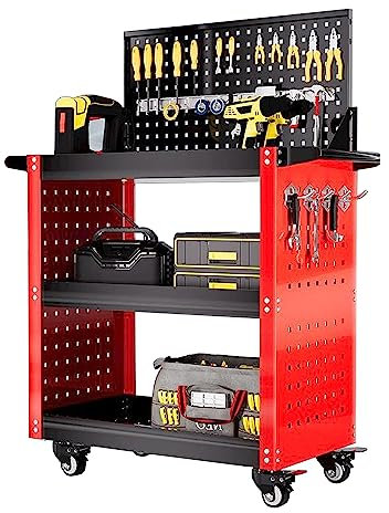 Rolling Tool Cart With Universal Wheels, 3-Tier Heavy Duty Mechanic Metal Cart for Warehouse,Workshop,Garage - Tool Boards,Handle,Multi-Purpose Hook Kit