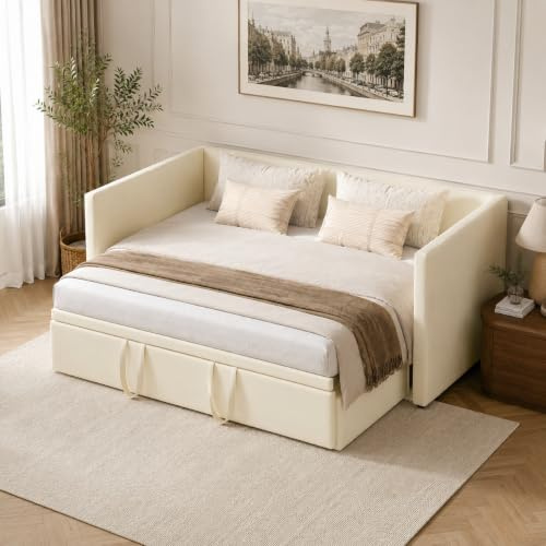 KEFSR Letto imbottito, letto estensibile, divano letto 90/180 x 200 cm, tessuto in velluto, design salvaspazio, perfetto per risparmiare spazio (beige)