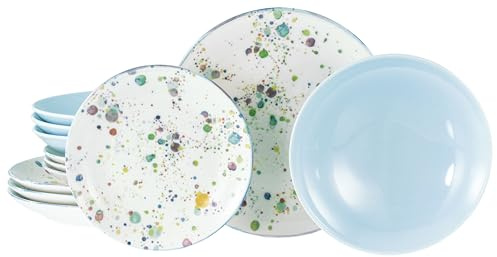 CreaTable, 24257, Serie Candy Drops, 12-teiliges Geschirrset für 4 Personen, Teller Set aus Steinzeug, spülmaschinen- und mikrowellengeeignet, Qualitätsproduktion