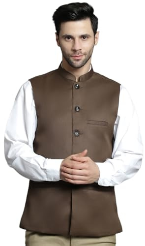 Maple Clothing Men's Nehru Jacket Outerwear Vest Traditional Sleeveless Indian Waistcoat (Brown, L)