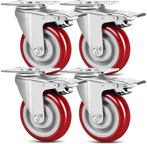 Set 4 Ruote per Carrello Carichi Pesanti, Ruote per Spostare Mobili con Freno - 100 mm - 600 kg- Gomma Piena Silenziosa - Rotelle per Interno/Esterno