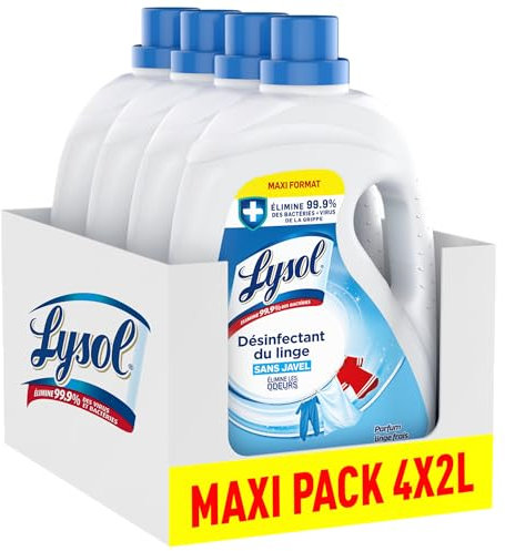 Lysol Désinfectant du Linge Liquide 4x2L - Désinfection & Anti-Odeurs - Parfum Linge Frais - Sans Javel