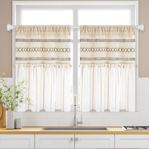 FRAMICS Farmhouse Kitchen Curtains 36 Inch Length Striped Short Curtain for Windows Boho Crochet Small Window Curtains for Kitchen Rod Pocket Light Filtering Tier Curtain for Bathroom, Cafe