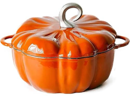 Cast Iron Dutch Oven with Lid and Handles - Pumpkin Shape Non-Stick Stew Pot for Halloween, Enamel Cookware Crock Pot & Soup Pot